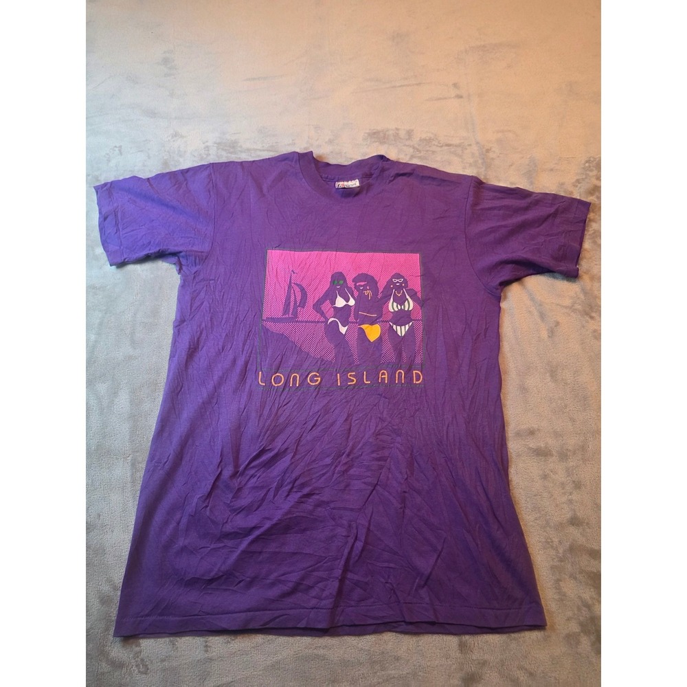 Vintage Hanes Long Island Graphic T-Shirt Mens Large Purple 50/50 Single Stitch